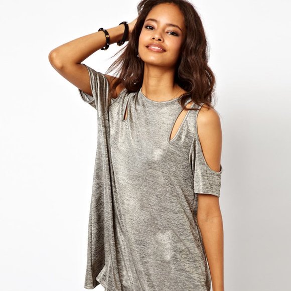 ASOS Top with Cold Shoulder in Metallic Fabric - Picture 2 of 3